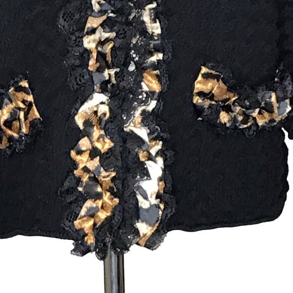 Chico’s Size Medium(8) Black Chevron Textured Knit Cardigan-Lace & Leopard Trim - Picture 3 of 14